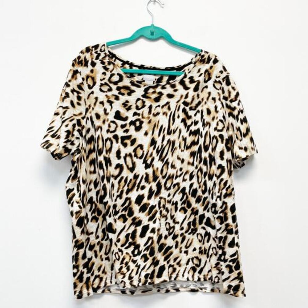 Chico's Womens 3P Brown Leopard Soft Comfy Scoop Neck Button Back Slub Blouse